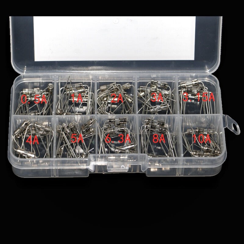100个盒装3.6x10mm带脚玻璃保险丝慢断0.5OA~10A插件保险管套装