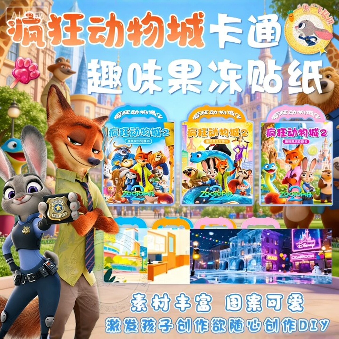 疯狂动物城2新款果冻贴纸安静书女孩手工diy儿童益智玩具换装公主