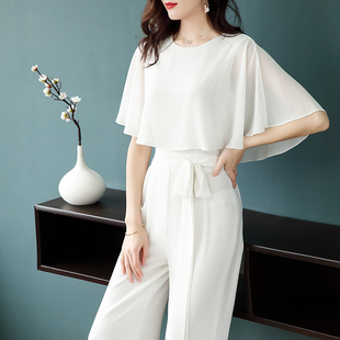 套装 白色阔腿裤 夏装 薄款 气质 美妃雅连体裤 雪纺连衣裤 女夏2021新款