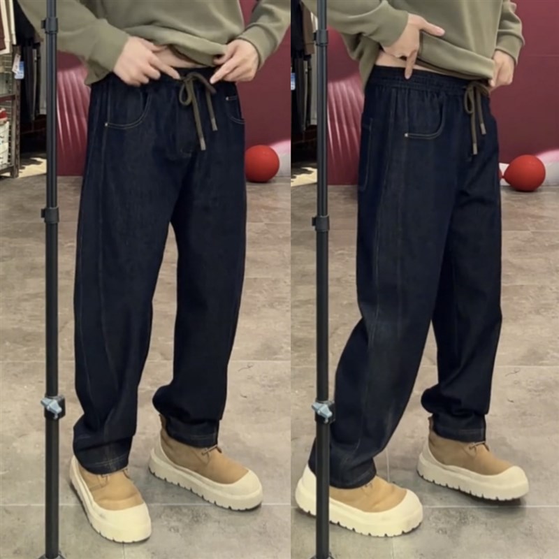 秋冬重磅普洗明线耐磨抽绳弹力弯刀牛仔裤男士加绒保暖直筒休闲裤