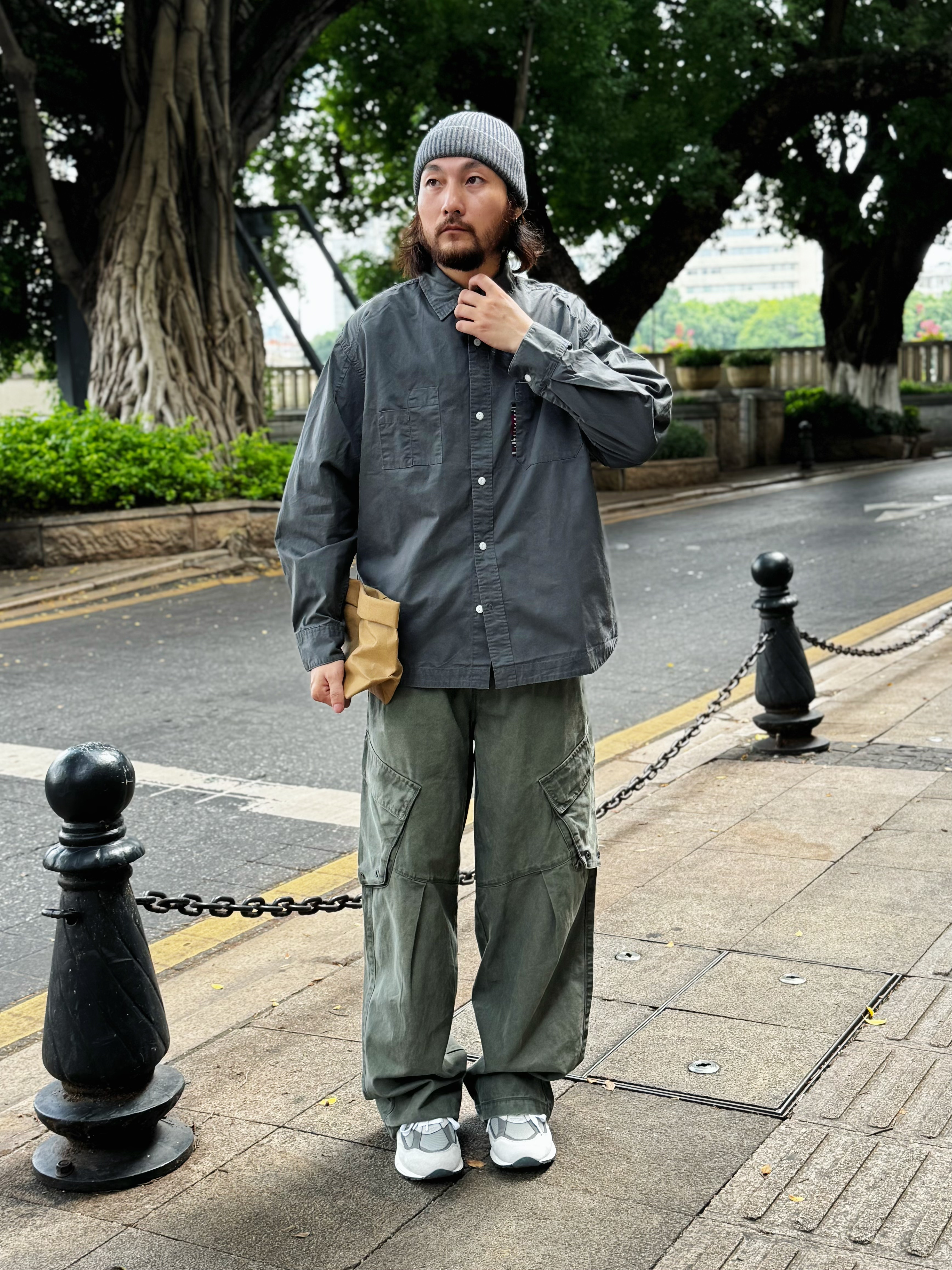 CLOURAFT日系复古宽松长袖工装衬衣上衣灰色休闲落肩基础通勤衬衫