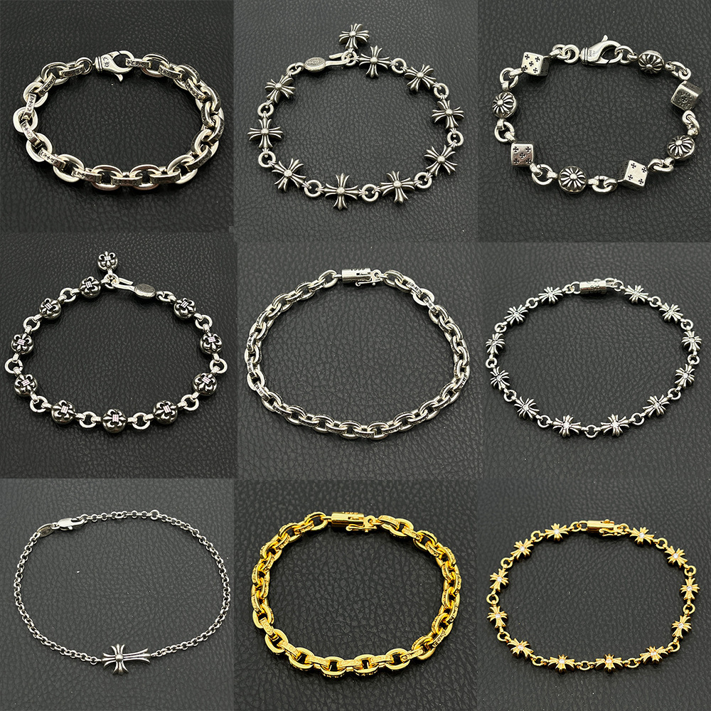 s925纯银克罗伈复古字母手链男欧美嘻哈个性小众霸气十字花经典款