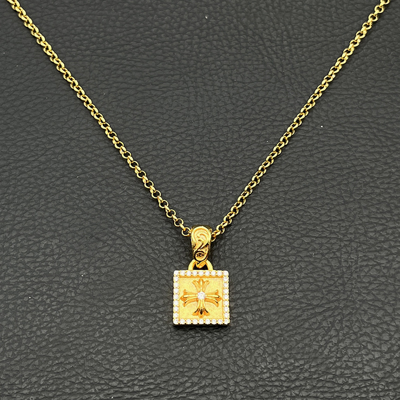 s925纯银克罗伈金色满钻方块十字花项链男女十字架吊坠经典款潮牌