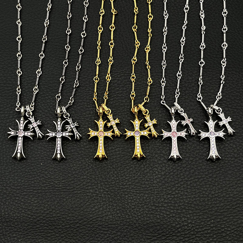 925纯银克罗伈22K金色双十字架项链男女欧美个性十字架吊坠毛衣链