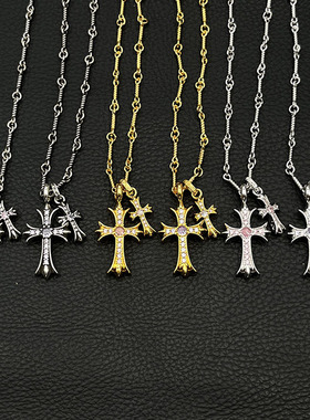925纯银克罗伈22K金色双十字架项链男女欧美个性十字架吊坠毛衣链