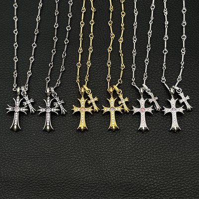 925纯银克罗伈22K金色双十字架项链男女欧美个性十字架吊坠毛衣链