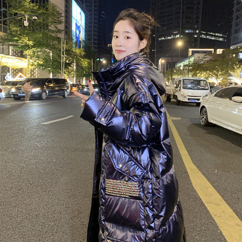 亮面免洗特大码冬装羽绒服女中长款过膝胖mm加肥加大200斤250宽松