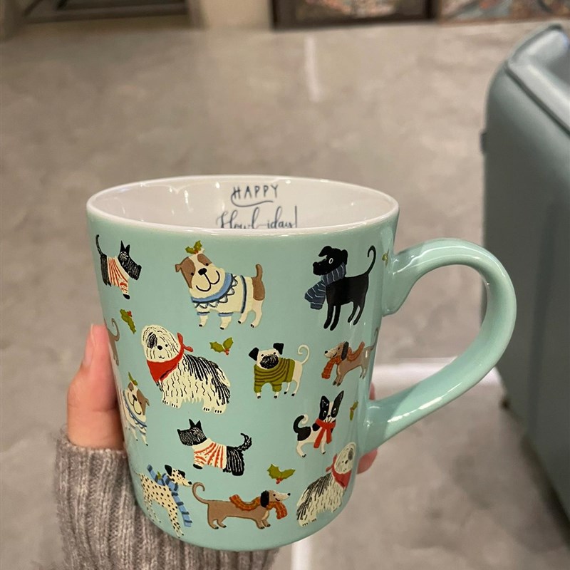 狗狗杯子淡蓝色猫狗卡通动物马克杯咖啡杯大容量陶X瓷水杯牛奶杯