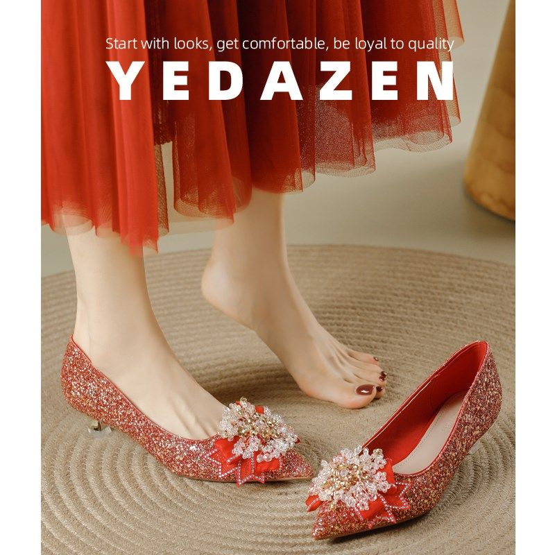 尖头红色高跟鞋女婚鞋粗跟新娘不累脚2024新款秋季法式小猫跟单鞋,女鞋,婚鞋,淘宝优惠券,粉丝福利购,淘宝优惠卷
