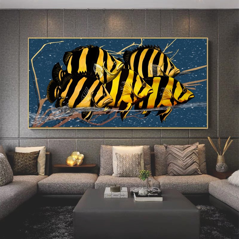 虎鱼装饰画办公室客厅水族馆招财艺术现代虎鱼茶台鱼缸后墙壁挂画