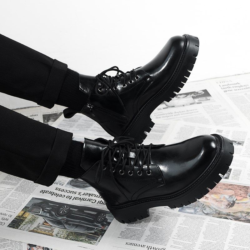 马丁靴男款英伦风中帮皮鞋厚底增高男生皮靴子侧拉链高帮透气男靴