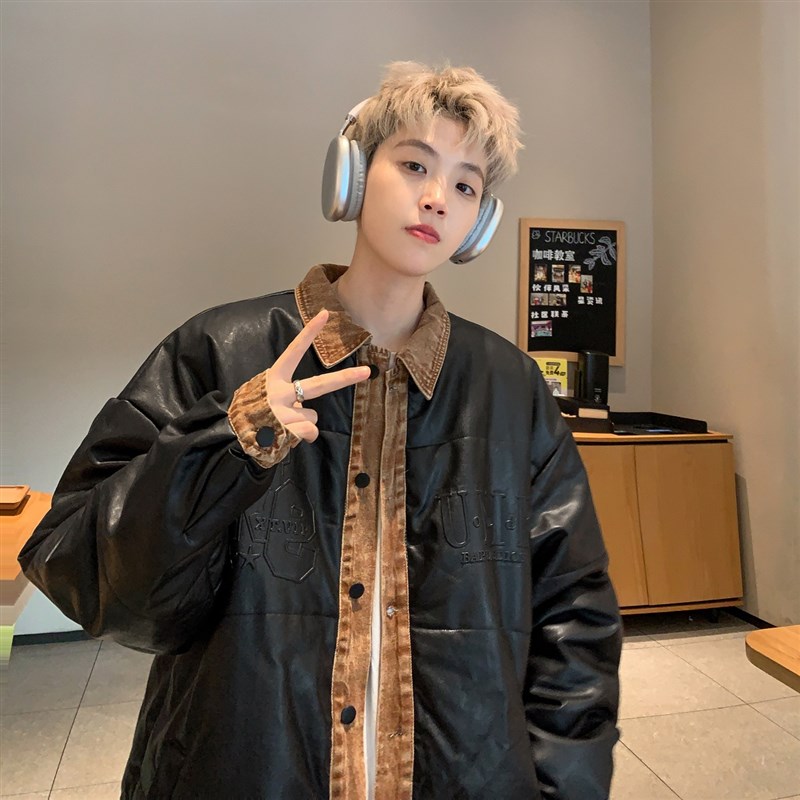 【满两件包邮】2025冬季新款青少年学生PU皮钢印拼接重工艺棉衣