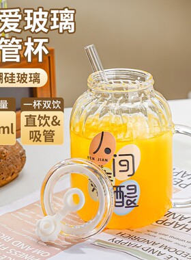 大容量玻璃e吸管杯耐高温杯子女生可爱办公室水杯家用果茶杯饮料