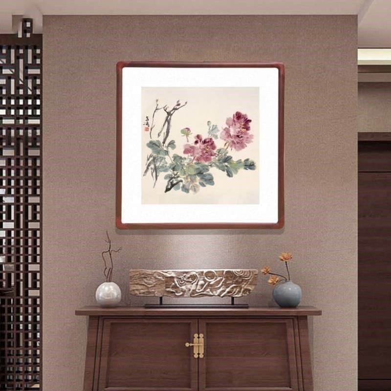 玄关国画中式挂画客厅书房办公室带框牡丹花斗方字画水墨画装饰画