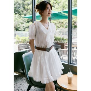 现货 半裙S 塔克褶蕾丝拼接花边领白色衬衫 渠道线白月光套装