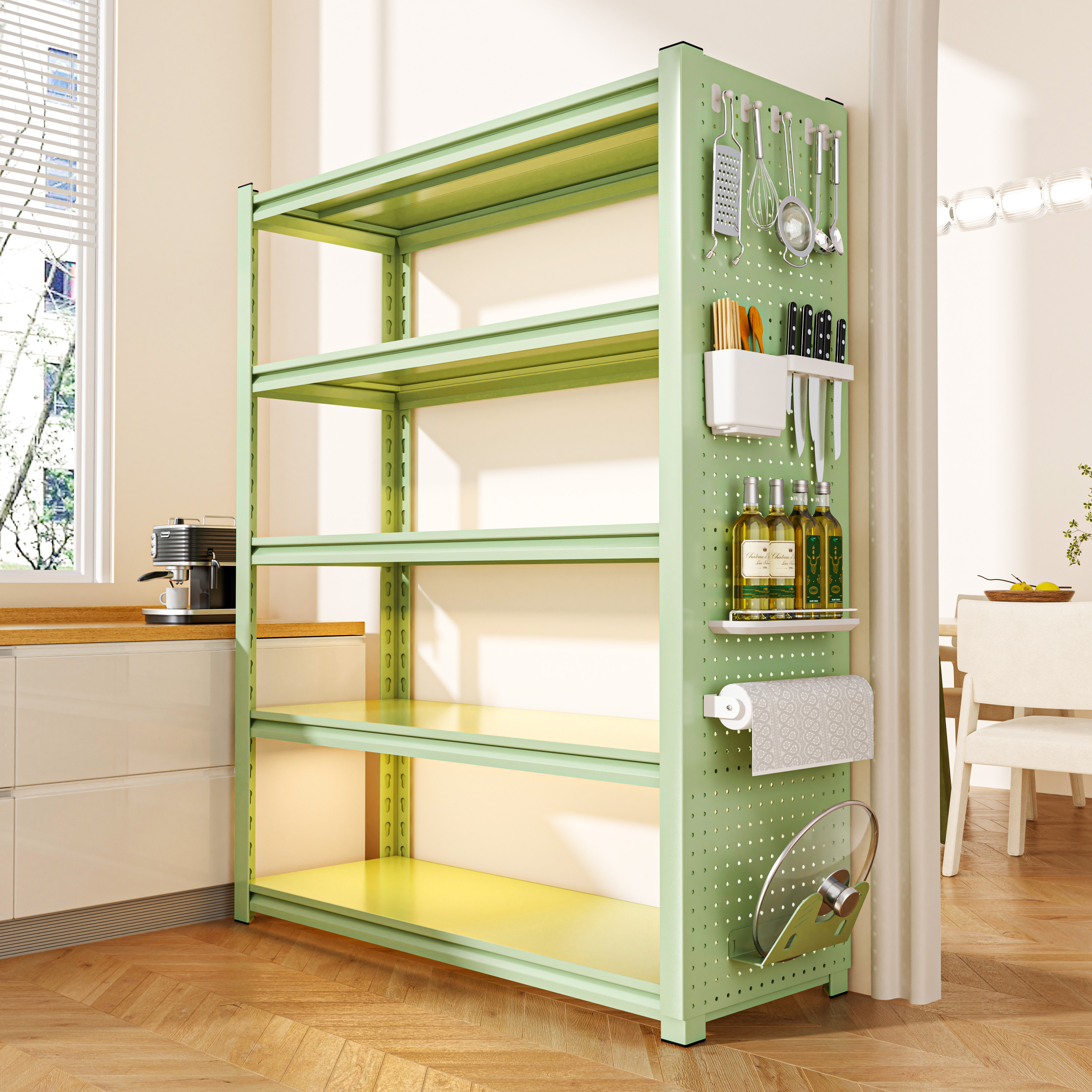 厨房置物架带洞洞板落地多层绿色储物架厨具微波炉收纳架钢制货架