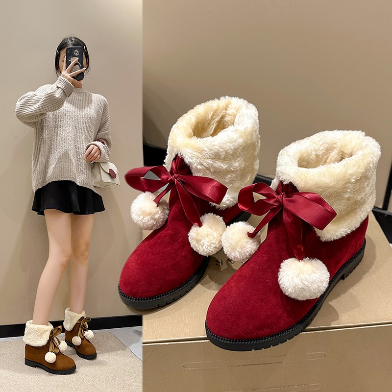 毛毛球内增高雪地靴女冬季u加绒保暖棉鞋子中筒短靴红色婚鞋新娘