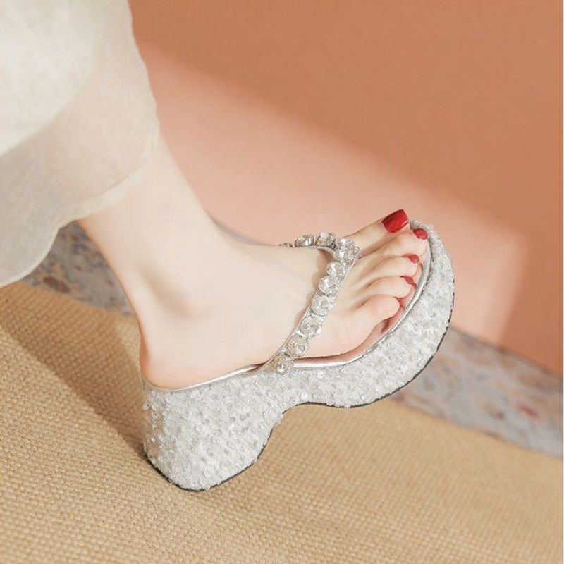 银色防水台厚底高跟坡跟拖鞋女2025新款年夏季外穿水钻亮片人字拖,女鞋,人字拖,淘宝优惠券,粉丝福利购,淘宝优惠卷