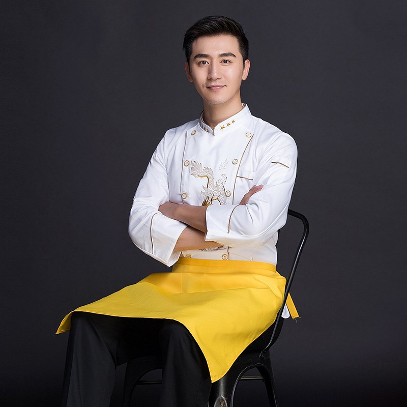 绣龙厨师服秋冬款长袖工作服酒店厨房餐饮制服白色V男女厨衣工装