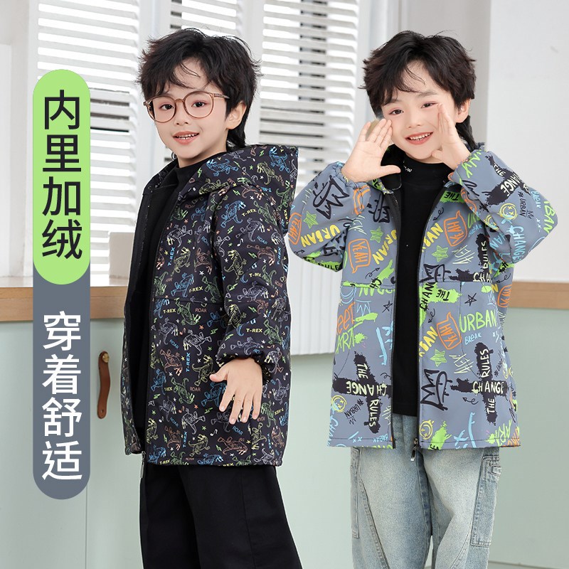 2025秋冬季男童新款儿童罩衣加绒加厚长袖L围裙连帽防水防油幼儿