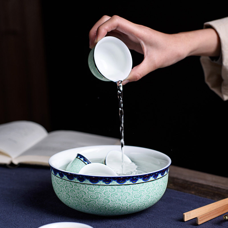 青花瓷大号茶洗杯洗 笔洗陶z瓷茶具茶道配件水盂水洗废水缸