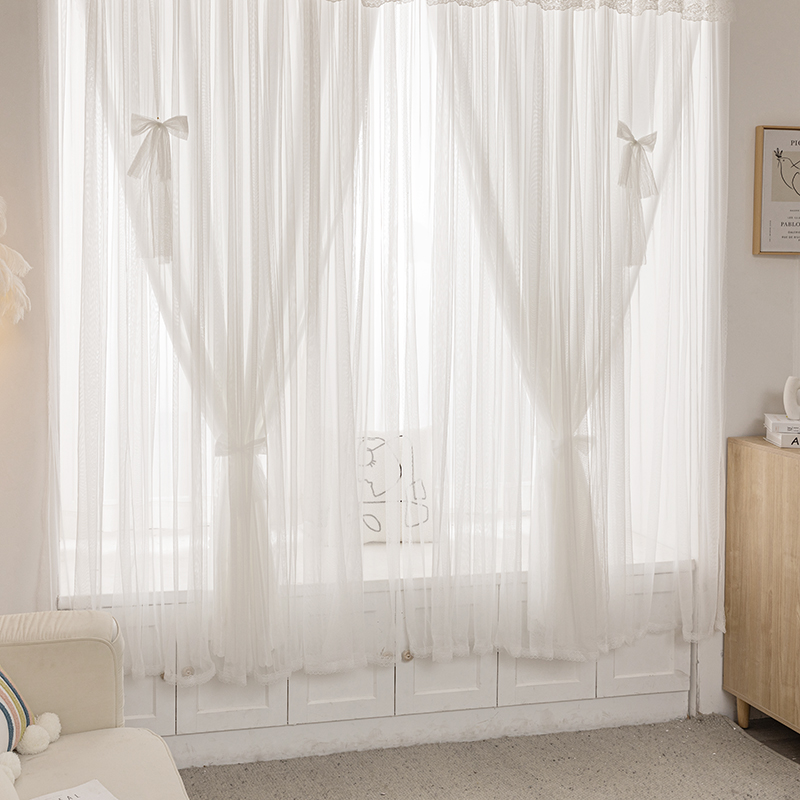 白色双层绣花帘头免打孔魔术贴自粘简易安装成品半遮光卧室飘窗帘