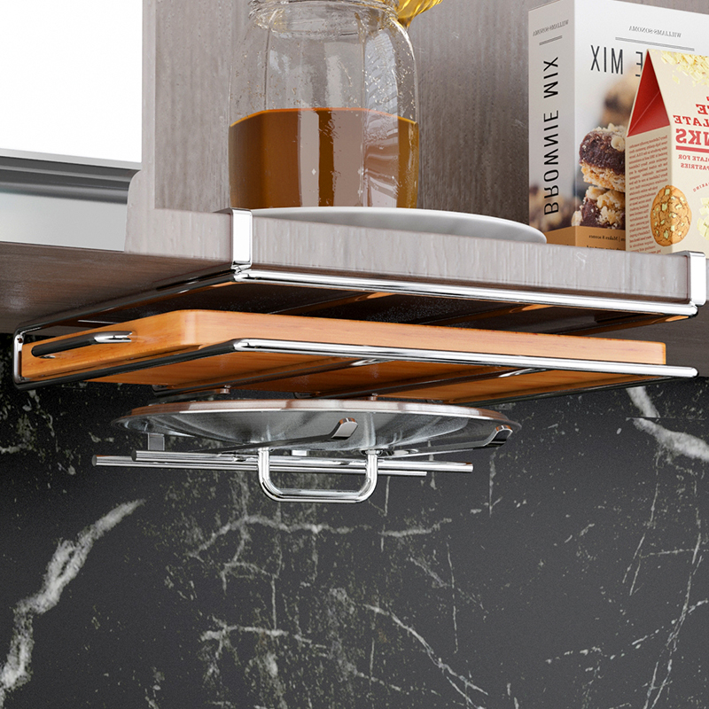 免打孔厨房置物架整体橱柜纸巾下挂架砧板架不锈钢锅盖架菜板架子