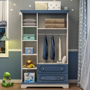儿童房衣柜男孩蓝色三门平开门小户型衣橱实木经济型卧室家具套装