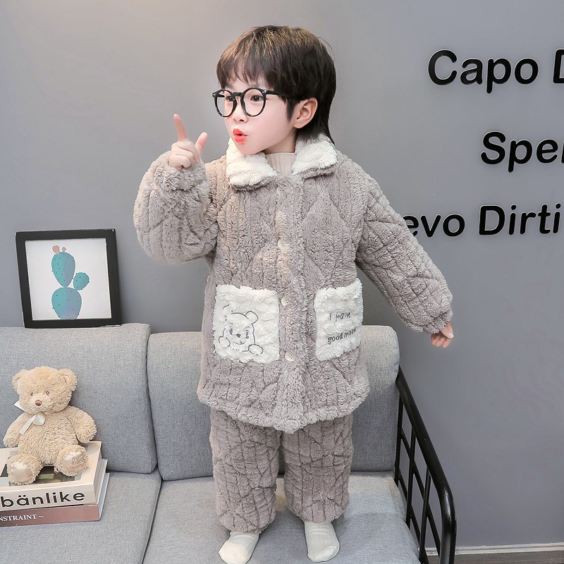 儿童睡衣男童加厚款法兰绒宝宝珊瑚绒三层夹棉男孩加绒家居服冬装