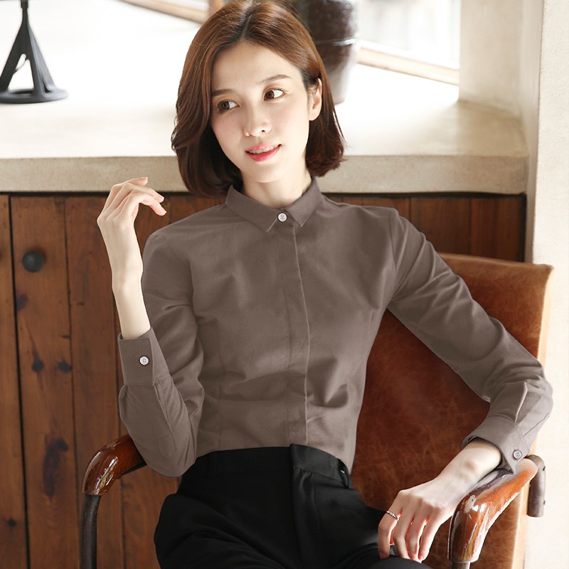 磨毛灰色衬衫女长袖秋冬加厚内搭小个子法兰绒职业保暖打底衫衬衣