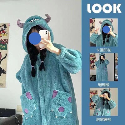 珊瑚绒睡衣女秋冬季加厚保暖法兰绒长款连帽可爱卡通家居服可外穿