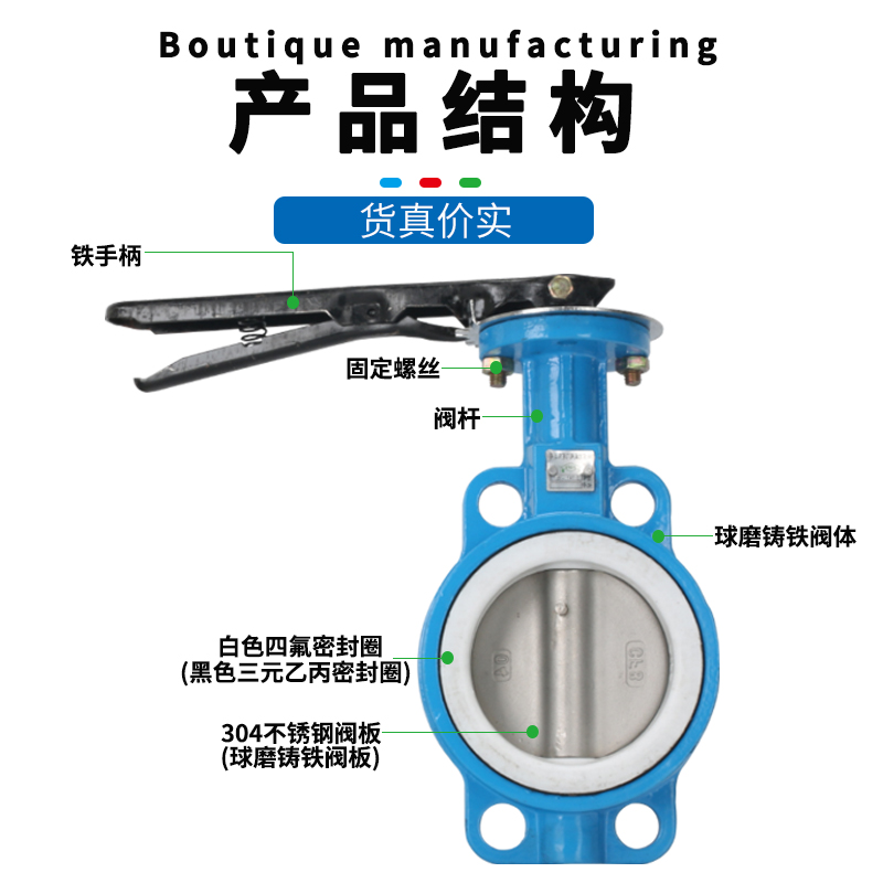 D71X手动手柄蝶阀对夹球墨铸铁304四氟不锈钢DN50 80 100 125 150