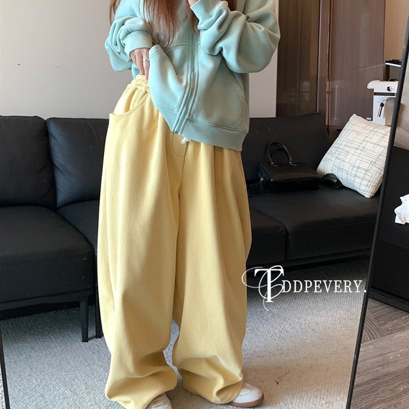TDDP 松紧腰灯芯绒休闲裤女2024新款秋冬直筒宽松垂感阔腿长裤子