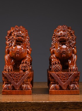 花梨木雕刻狮子一对黑檀木狮摆件家居办公室装饰工艺品开业送礼