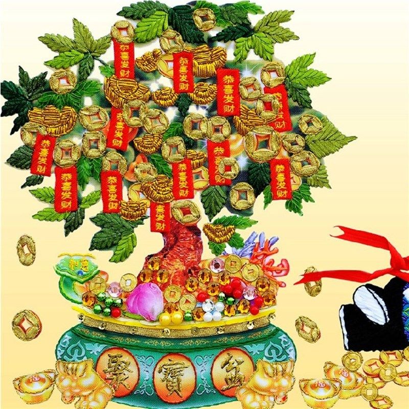 财源滚滚包邮新款丝带绣挂画摇钱树招财进宝小财神爷彩印非十字绣