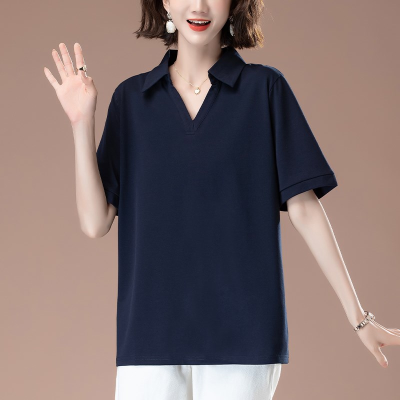 翻领短袖T恤女夏季加肥加大码女装宽松中年胖妈妈遮肚显瘦棉上衣