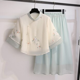 新款 连衣裙女2024夏季 半身裙小个子 国风茶服茶艺师两件套装 新中式