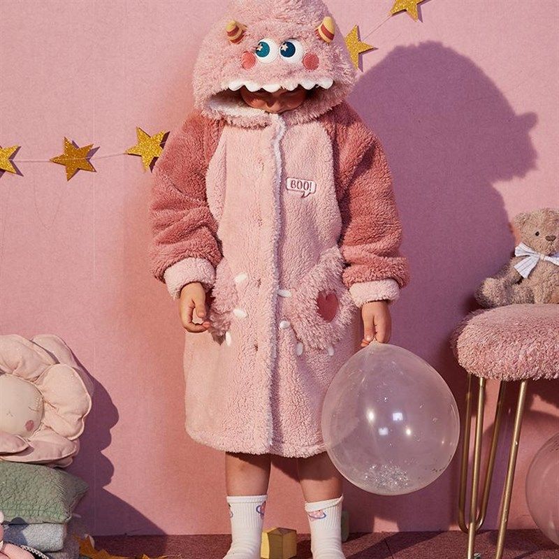 儿童小怪兽套装睡衣秋冬款睡袍保暖珊瑚绒可爱女童宝宝家居服男童