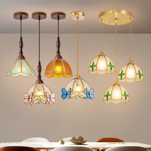 新款轻奢创意单头餐厅吧台阳台灯中古风格彩色复古卧室床头小吊灯