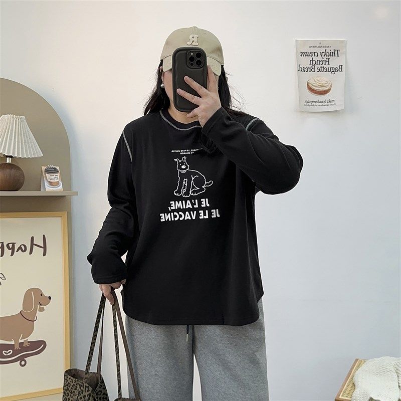 大码胖mm内搭长袖女秋冬款卡通t恤短款德绒设计感明线打底衫上衣,女装/女士精品,大码内搭,淘宝优惠券,粉丝福利购,淘宝优惠卷