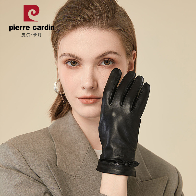 皮尔卡丹正品女士真皮羊皮手套黑色保暖触屏户外骑行防寒冬季手套