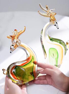 创意琉璃混彩招财麋鹿工艺品摆饰客厅酒柜电视柜家居装饰品摆设