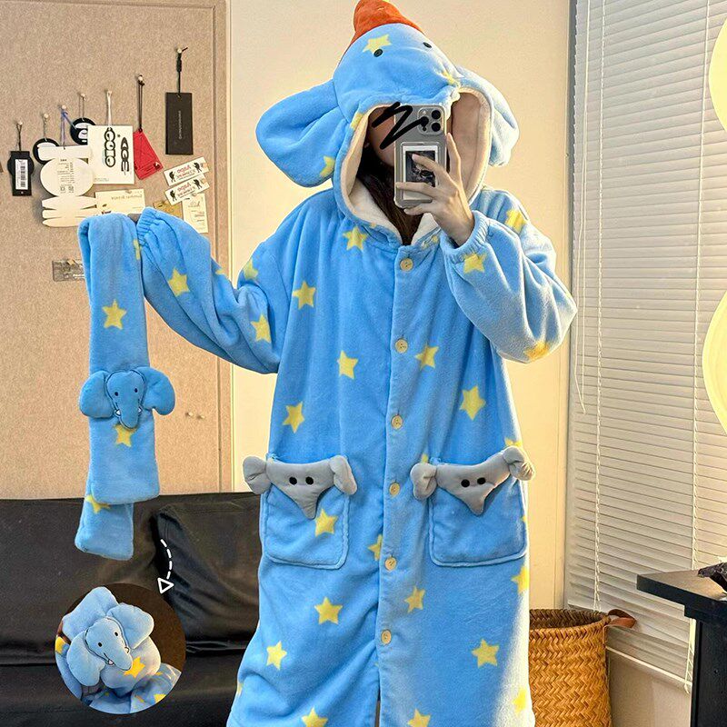 侘町2024新款笨笨大象睡袍女秋冬季加绒加厚夹棉睡衣法兰绒家居服