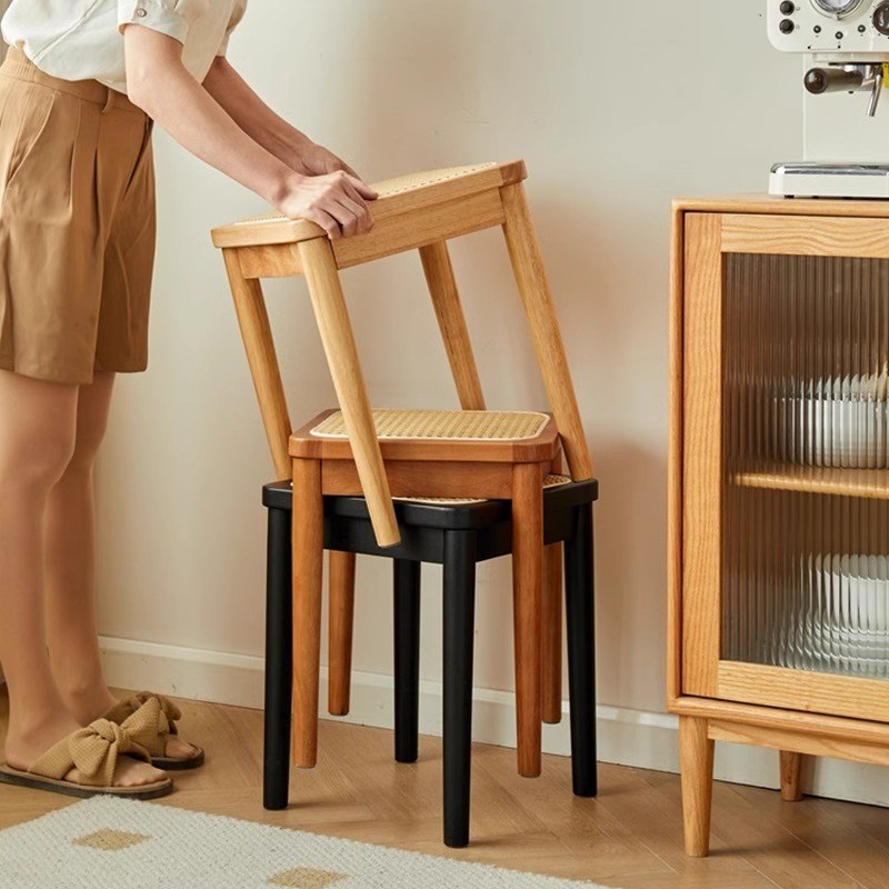 实木藤编凳子可叠放家用中古餐凳复古休闲方凳餐厅备用椅子高板凳
