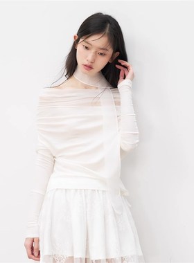RECIT 白色弹力网纱飘带假两件一字肩上衣+蕾丝绣花半裙两件套装
