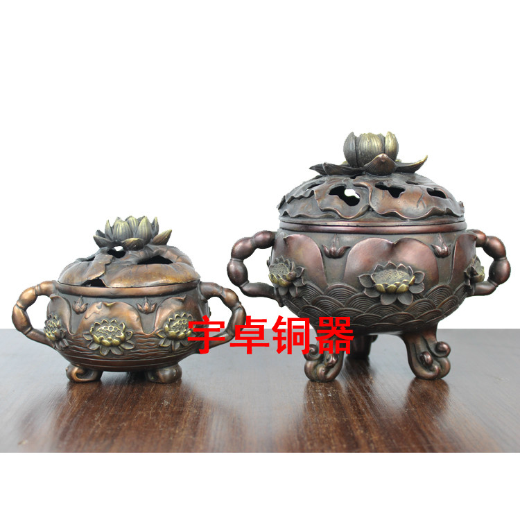 宇卓铜器 纯铜香炉 黄铜香炉 双耳莲花薰香炉  莲花香炉 家居工艺