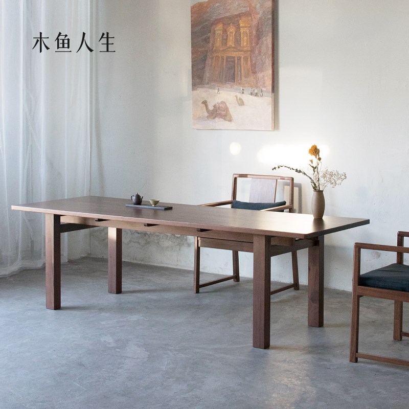 黑胡桃木实木茶桌椅组合新中式简约禅意长方茶桌茶台侘寂风书桌椅