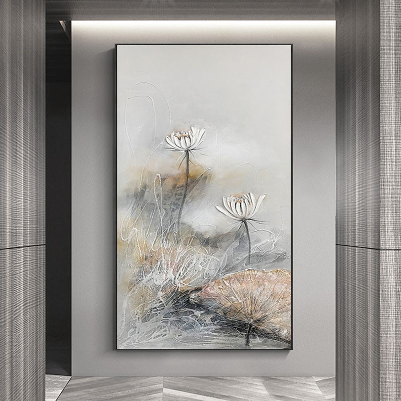 入户玄关装饰画荷花油画竖版走廊尽头新中式挂画客厅写意风景壁画图片