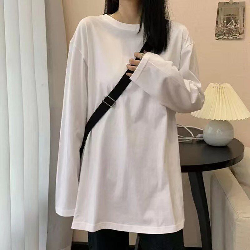 纯棉长袖t恤女宽松韩版港风上衣白色外穿秋衣女士春秋内搭打底衫