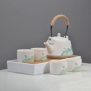 一壶两杯手绘山日式 大号提梁壶长方功夫家用茶具套装 茶盘简约民宿